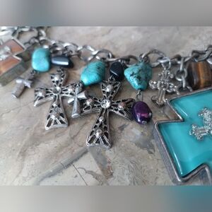 Chunky Y2K Boho Cross Charm Necklace w/ Natural Gemstones